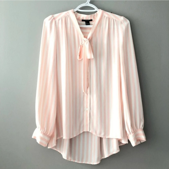 Forever 21 Pink and White Striped Tie Front High Low Blouse Size Small - Picture 1 of 16